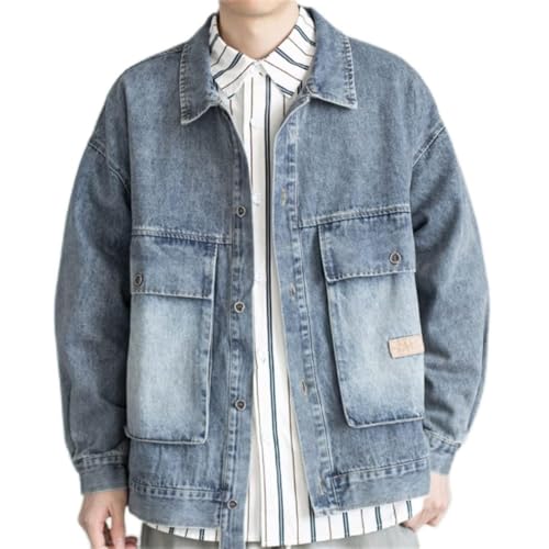 JSEIAJB Vintage Lapel Washed and Worn Denim Jacket Casual Loose Drop Shoulder Boys Jacket