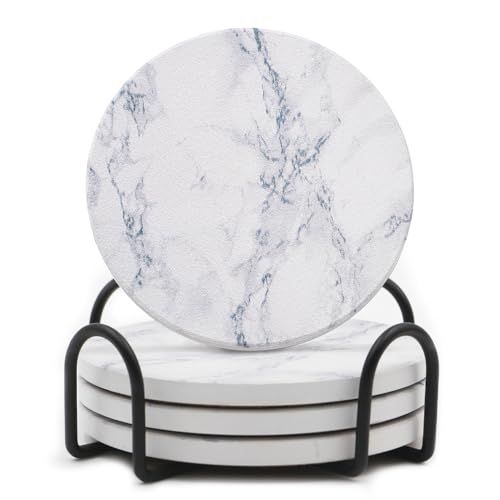LIFVER Absorbent Coaster Sets of 4, Drink Coasters with Holder, White Marble Style Ceramic Drink Coaster for Tabletop Protection, Suitable for Kinds of Cups and Wooden Table, Cool Home Decor, 4 Inches