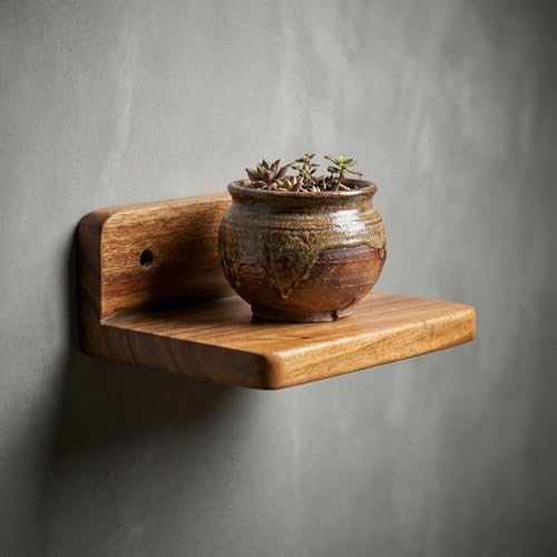 Image of Premium Wooden Floating Wall Shelf (Single Piece) - Natural Solid Wood Display Rack | 18x15x7 cm - Wall Mounted Shelf for Home & Office Decor | Small Plant & Showpiece Stand