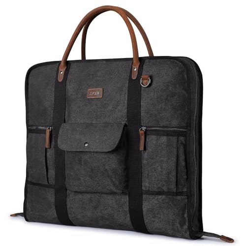 S-ZONE Hombre Bolsa de Ropa Bolsa de Traje Bolsa de Lona con Adornos de Cuero Genuino para Viajes Breves Descansos Almacenamiento de Viajes de Negocios