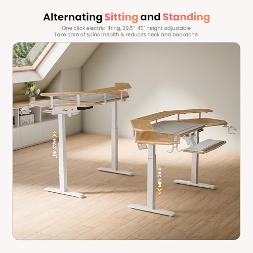 Image of EUREKA ERGONOMIC Solid Wood Top Gaming Desk with Keyboard Tray, 72 inch Wing Shaped Music Studio Table with LED Shelves, Heavy Duty Gaming Recording Live Stream Desk, Cable Slot Design