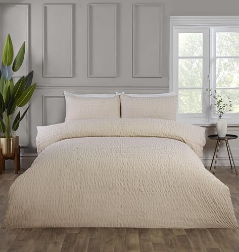 Rapport Home Seersucker Duvet Cover Set, Soft Easy Care Cream Double 3 Piece Bedding Set