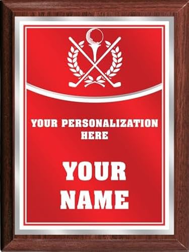 Crown Awards Golf Personalized Plaque Award, 6x8 Color Printed Metal Plate with Custom Engraving, Red with White Plaque On Wood Finish Prime