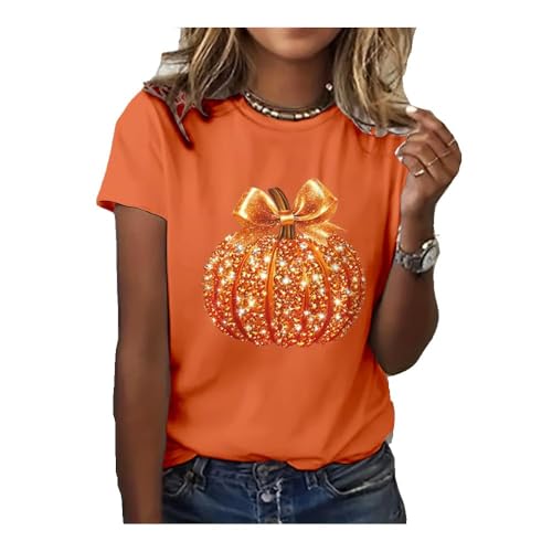 Women's Retro Autumn Sequin Pumpkin Print Crew Neck T-Shirt Sequin Halloween Sweatshirt