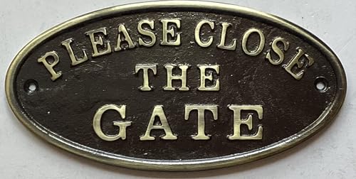 THE Brownstone Line Cast Aluminum Please Close the Gate Sign Antique Gold-Brass 3.5 Inch x 7 Inch Rust Free