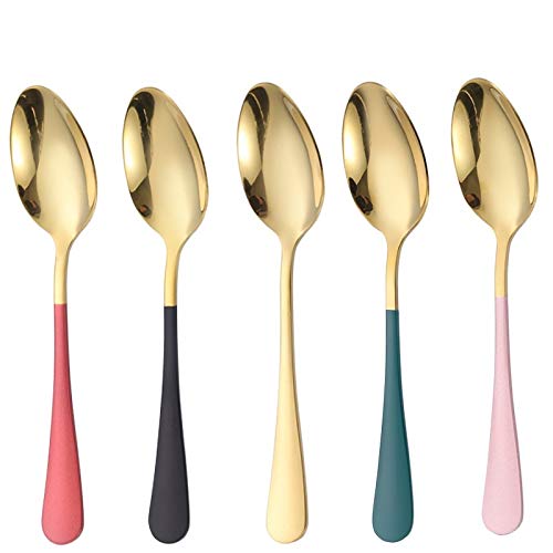 5PCS Soup Spoons,Stainless Steel Dinner Spoon Deesert Spoons Ice Cream Spoon Perfect for Home and Kitchen (Gold)