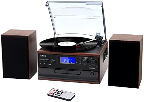 Vinyl Record Player JORLAI Turntable, 3 Speed BT Record Player Suitcase with Built in Speakers/Rechargable Battery/Vinyl-to-MP3 Recording/Headphone Jack/Aux Input/RCA Line Out