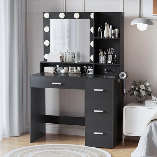 YESHOMY 39' Vanity Desk with Mirror & Lights, Vanity Table with 4 Drawers & Storage Shelves...