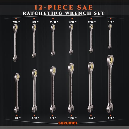 Image of SUZUME SAE Ratcheting Wrench Set 12-Piece (1 /4 inch-7 /8 inch) Chrome Vanadium Steel 15K+ Cycle Locked Gears Nickel Plated 72-Tooth 5 Swing with Organize for Bicycles Cars Motorcycle