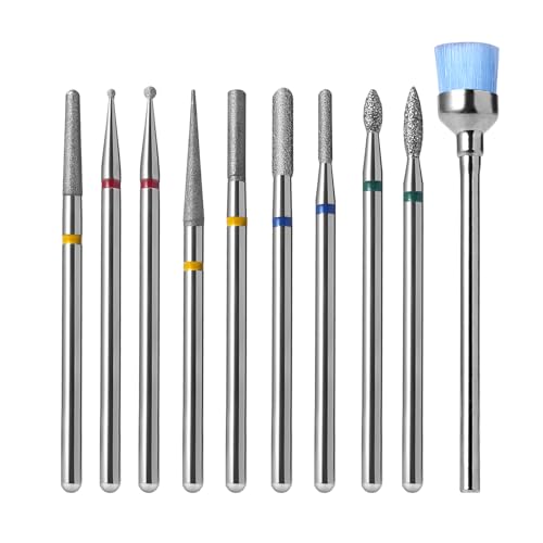 Diamond Nail Drill Bits Set 10Pcs - Safety Cuticle Bit for Beginners 3/32 Inch E-File Nail Bits for Russian Manicure Prep Ball Flame Needle Bits for Nail Tech Gentle Efile Bits for Acrylic Gel Nail