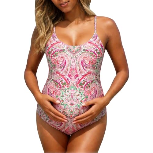 Elegante traje de baño premamá con elegante escote en la espalda, tirantes estampados florales – perfecto para piscina o playa, Rojo sandía, S
