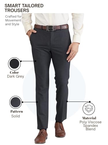 Image of Raymond Men's Slim Fit Solid Pattern Poly Viscose Blend Flat Front Formal Trouser