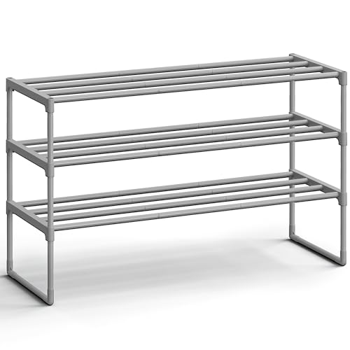 SONGMICS Shoe Rack, 3-Tier Shoe Organizer, Metal Storage Shelf, Upright or Upside Down, for 16-20 Pairs, Stackable, for Entryway, 11.8 x 36.2 x 21.7 Inches, Gray ULSA303G01