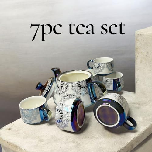 Image of DMRD Porcelain Tea Set with Kettle |Tea Cup Set 7Pc | Aesthetic and Classic Cups Set | Premium Crockery for Home & Gifting with Golden Color Geometric Pattern Design. (Purple)