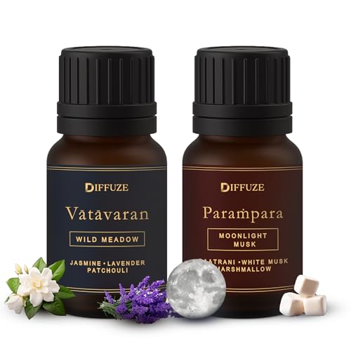 DIFFUZE Romantic Duo – 2 × 15 ml Aroma Oil Set (Wild Meadow & Moonlit Musk) | Jasmine, Lavender & White Musk Fragrance Oil Blend for Diffuser, Bedroom & Gifting | Long-Lasting Romantic Aroma for Home