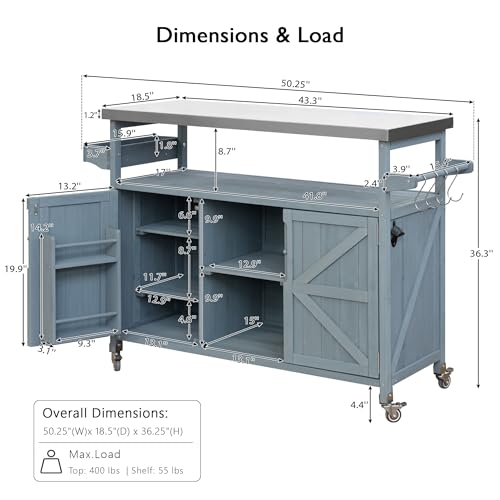 Image of Merax Outdoor Kitchen Island, Rolling Bar Cart & Storage Cabinet, Farmhouse Solid Wood Outdoor Grill Table with Stainless Steel Top, Spice Rack, Towel Rack for Kitchen & BBQ, Grey Blue