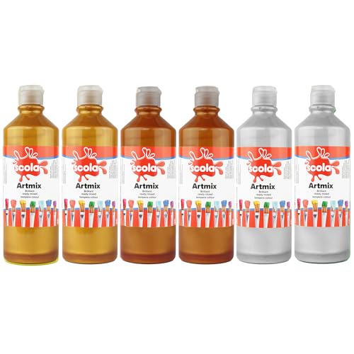 Image of Scola Readymix Water Based Tempera Paint, 6 Assorted Metallic Colours, 600ml Bottles, Safe Non-Toxic Poster Paints, Craft Projects, Suitable for 3+