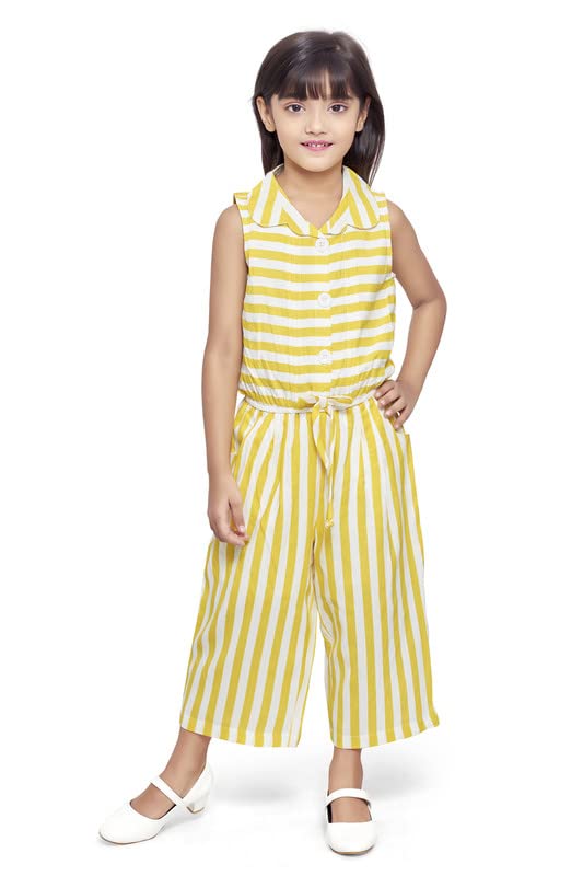 DoodleStriped Jumpsuit Dress for Girls | Breathable Kids Romper Dresses | Western Body Suit with Waist Band & Platter Collar | Ankle Length with Sleeveless (Option Blue & Yellow | Age 4 to 12 Years)