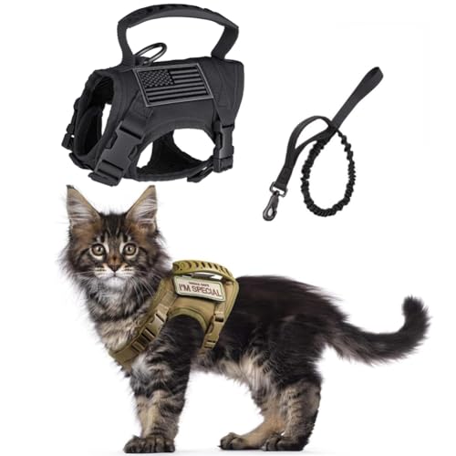 Tactical Cat Harness & Leash Set - Escape-Proof Adjustable for Walking Small Dog Vest Harness with Patches, Soft Mesh Padding and Rubber Handle for Easy Control (Black)