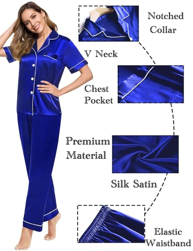 Image of SWOMOG Women Satin Pajamas Set Short Sleeve Top & Pants Sleepwear Silky Button Down Nightwear 2pcs Loungewear Pjs Set