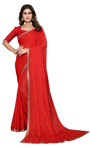 IMTRA FASHION Sari Pour Femme Sari Indien À Bordure Ethnique Avec Chemisier Non Cousu - Rouge