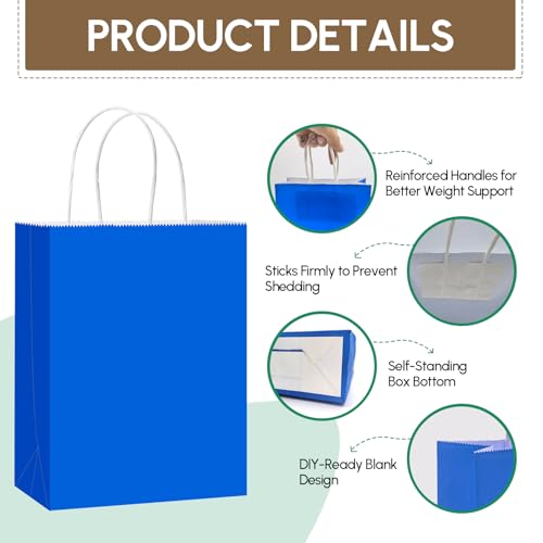 Qioxiou 60 Pack Blue Gift Bags 8.27x4.33x10.63 Medium Size Kraft Paper Bags with Handles Bulk for Birthday Wedding Party Favors Grocery Retail Shopping Business Goody Craft Gift Bag Sacks — view 3
