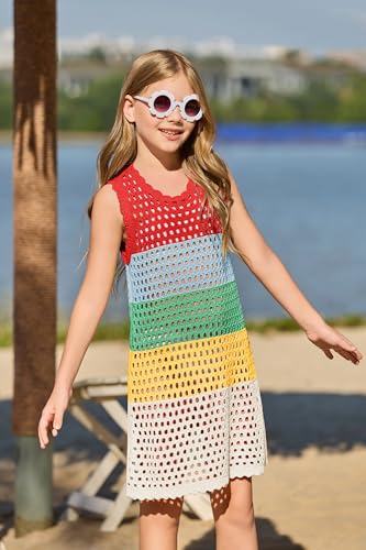 Image of Haloumoning Girls Color Block Crochet Knit Swim Cover up Kids Summer Sleeveless Beach Dress 5-14 Years