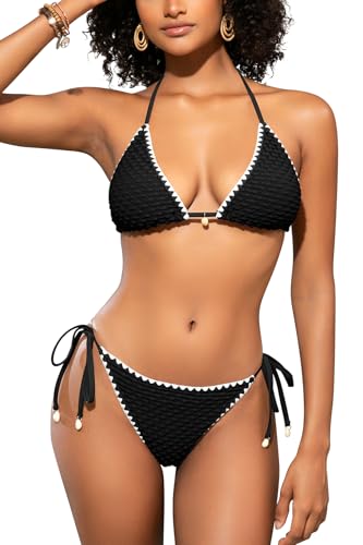 Image of SHEKINI Women Triangle Bikini Sets 2 Pieces Halter Neck Swimming Costume Low Waisted Sexy Tanga Swimsuits,Black-S