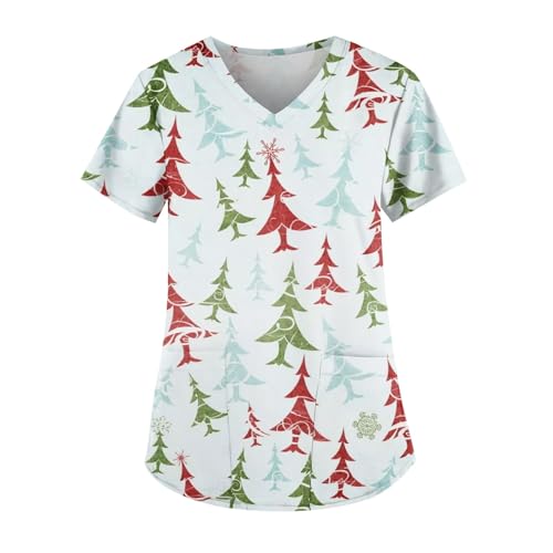 DHYUEN Kasacks Damen Medizinische Berufskleidung Weihnachtsshirt Karikatur Motiv Kasack Feiertagsshirts Kurzarm Damen Pflege Mit Weihnachten（1-Light Blue,S