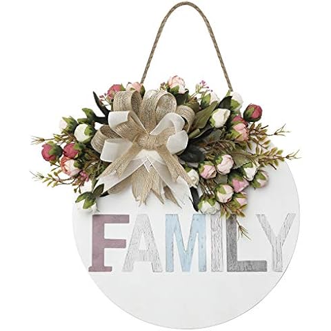 Welcome Sign Wooden Hanging Sign for Front Porch Rose Wreaths for Front Door Decorations for Kitchen,Restaurant , Home, Outdoor (White-colorful family) Cover
