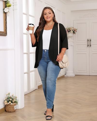 TIANZHU Women's Summer Plus Size Cardigan 3/4 Sleeve Blazer Knit Lightweight Cover Up XL-4XL3