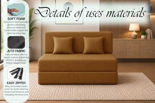 Image of Sofa Cum Bed with Jute Fabric, Convertible Two Seater Sofa Bed 4x6 Ft, Comfortable Cushioned Seating, Space Saving Design for Living Room, Bedroom & Guest Room - Golden Color