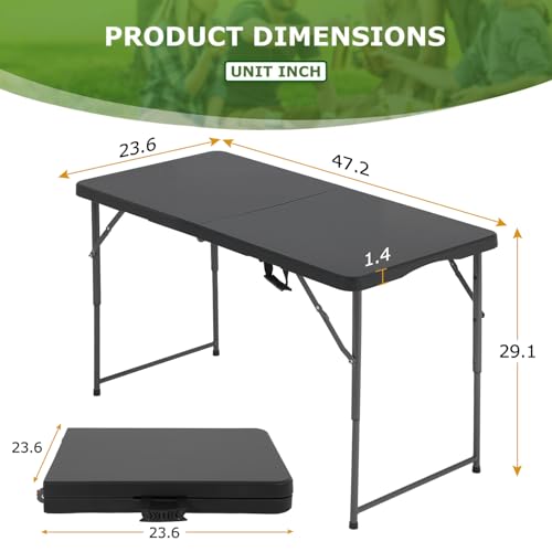 Image of BestOffice 4 FT Picnic Table Folding Table Camping Plastic Table Fold Up Table Lock for Party Event, Black