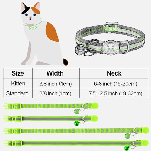 Image of Taglory Reflective Cat Collar Personalized with Name and Number, Cat Collars Breakaway with Bell and ID Tag, 7.5-12.5 inch Green