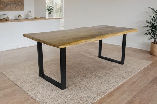 SAM Esstisch Cali | 180 x 90 cm | Akazienholz massiv | Farbe: Eiche | U-Gestell Metall Schwarz | Massivholz mit Baumkante | pflegeleichter Baumkantentisch/Esszimmertisch