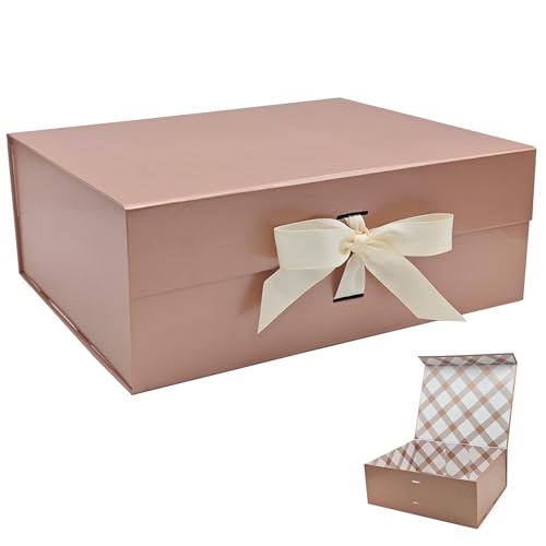 Tekhoho Caja de Regalos Grande Oro Rosa 33.5x27x12.5 cm, Caja de Regalos Premium con Tapa MagnéTica y Cinta para Embalaje de Regalos de Bodas y CumpleañOs, Forro a Cuadros