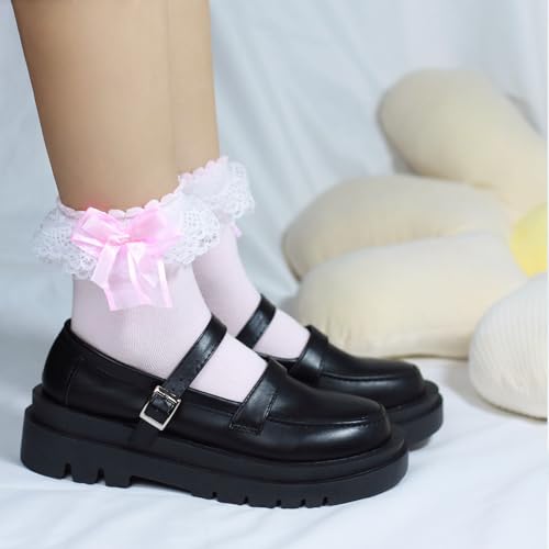 Image of Ruffle Frilly Lace Socks for Women - Lace Ankle Socks with Bow - Cute Lolita Socks Regular (US, Numeric, 5, 9, Regular, Regular, 1 Pair Pink)