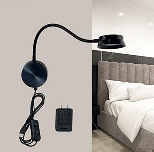 LED Wall Lamp WAYCOM 6W Gooseneck Reading Light Black- USB Night Lighting Lamp with Switch for Bedroom/Living Room - Yellow/White Color Adjustable