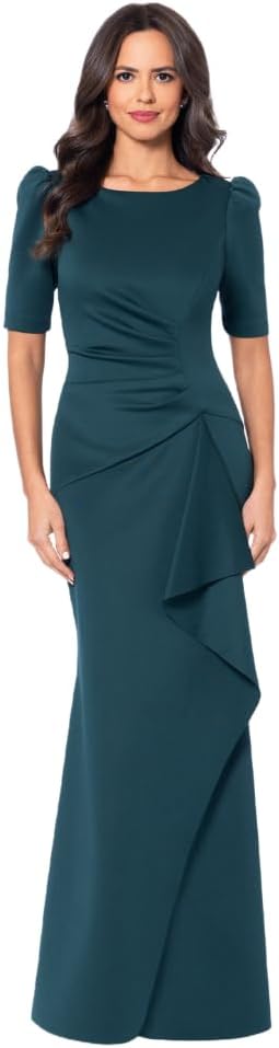 Xscape Women's 3/4 Sleeve Long Scuba Dress with Side Ruching