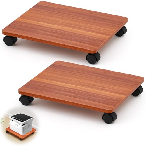 Beeveer 2 Pcs Office Under Desk Printer Stand with 4 Caster Wheels Walnut Movable Printer Copier Shelf and CPU Holder for Home Office Heavy Duty Storage Rack Scanner Fax Machine, 13.78 x 11.81 Inches