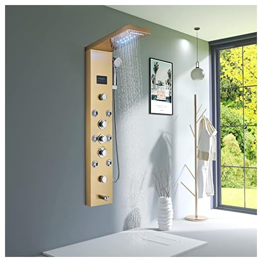 TVTIUO Columna de Hidromasaje Ducha Acero Inoxidable,Panel de Ducha Moderna 5 Funciones Salida de Aguacon Luces LED,Grifo de bañera,Boquillas de Masaje,dorado