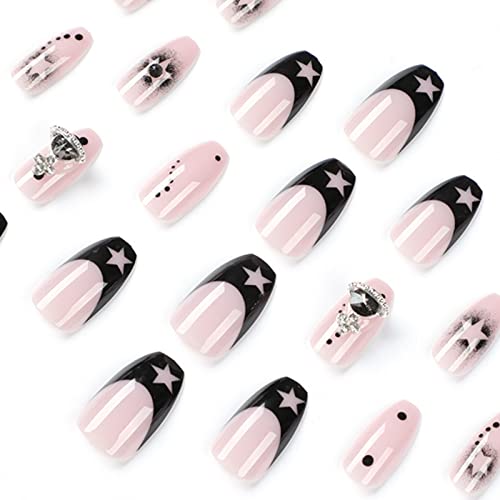 MISUD Black French Tip Coffin Press On Nails #TOP15