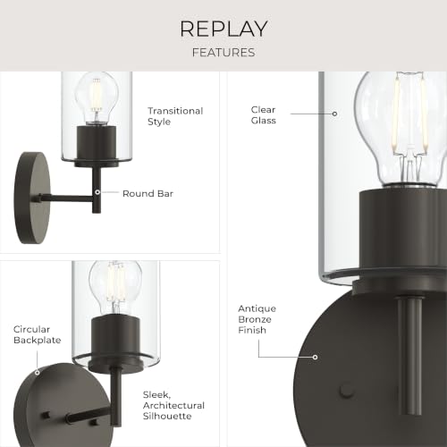 Image of Progress Lighting Replay 5.125 Inch 1-Light Vanity Light, Transitional, Antique Bronze with Clear Glass Shade, (9.75 inch H x 5.125 inch W x 5.875 inch D), P300581-020