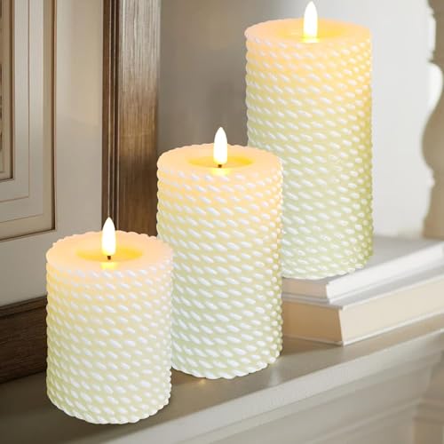 Image of Crystal Club White Flameless Candles,Corded Pattern Carving Battery Operated Candles with Remote Control LED Pillar Candles for Wedding Holiday Home Tabe Decor