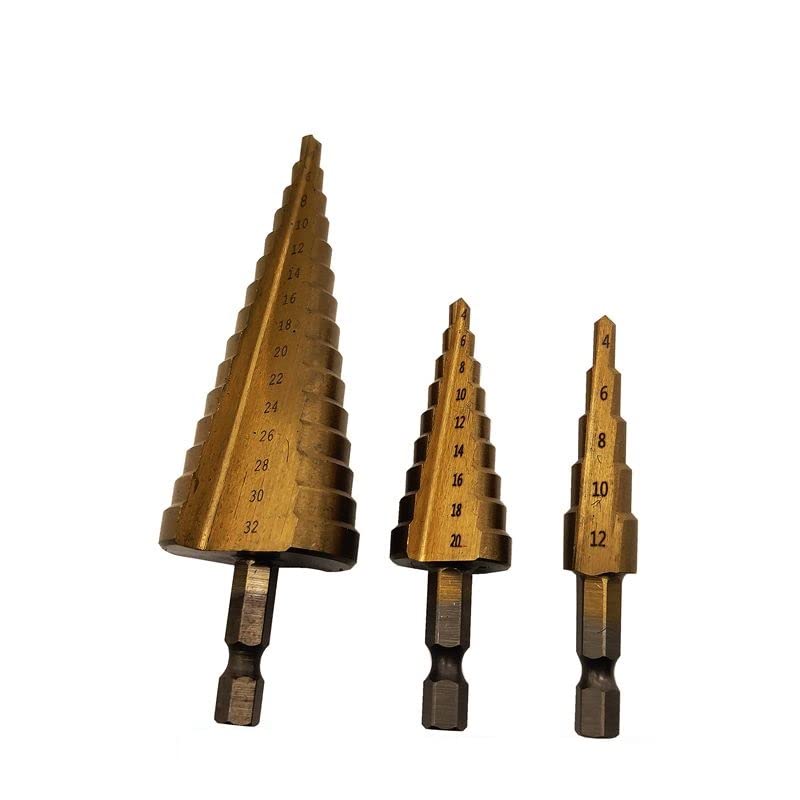 Set de 3 brocas escalonadas HSS recubiertas de titanio 4-12/20/32 mm miniatura 1