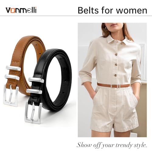 VONMELLI 2 Packs Thin Leather Belts for Women Jeans Dress Women's Skinny Belt Ladies Belts with Bright Sliver Buckle Black Brown M2
