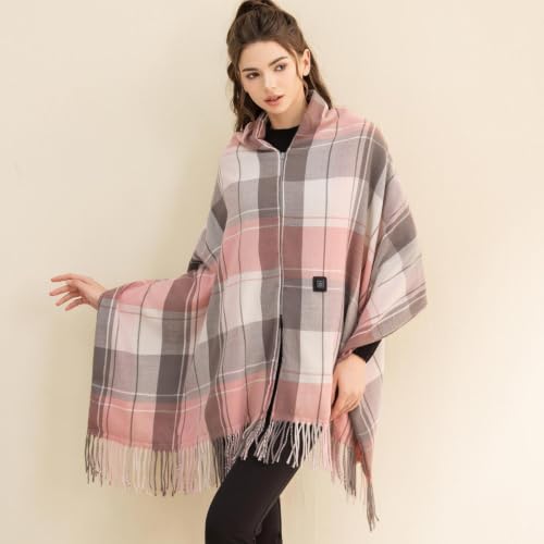 2 in 1 Plaid Heated Shawl Wraps W/Tassels 3 Temp Mode 78×26‘’,Pink - image 5
