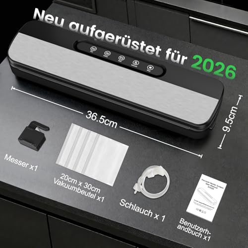 Raycial Vakuumiergerät 7 in 1, 145W Vakuumierer für kontinuierliches Arbeiten mit hoher Geschwindigkeit, Folienschweißgerät Vakuumiergerät für Lebensmittel mit 10 Vakuumier-Beutel und Schlauch
