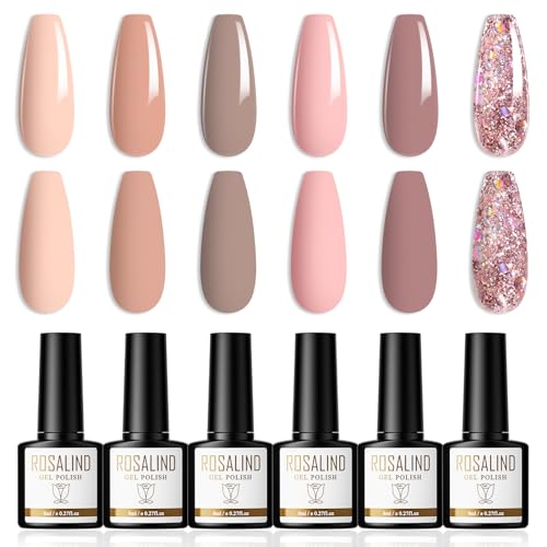 ROSALIND Esmaltes Semipermanentes Para Uñas 6 Colores Nude Rosa Púrpura Glitter Purpurina Pintauñas Gel Permanentes UV LED Pinta Uñas Semipermanentes Para Lampara Soak Off Gel Nail Polish 8ml