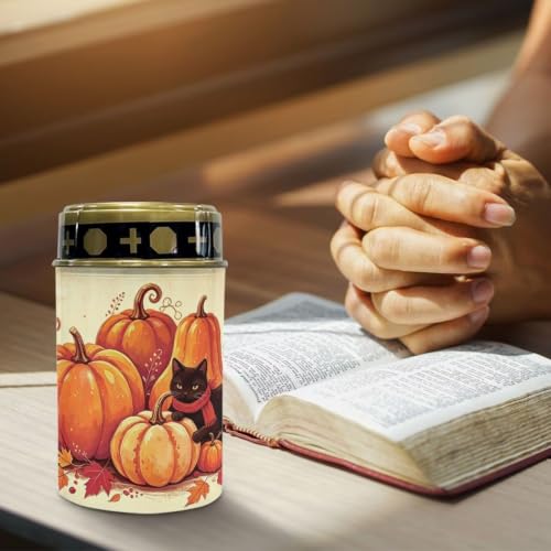 Image of Poceacles Solar Candle Cemetery Solar Lights for Grave LED Garden Flameless Powered Pathway Lights for Halloween Party Decorations, Black Cat Pumpkin Autumn Leaf Print Beige, Pack of 2
